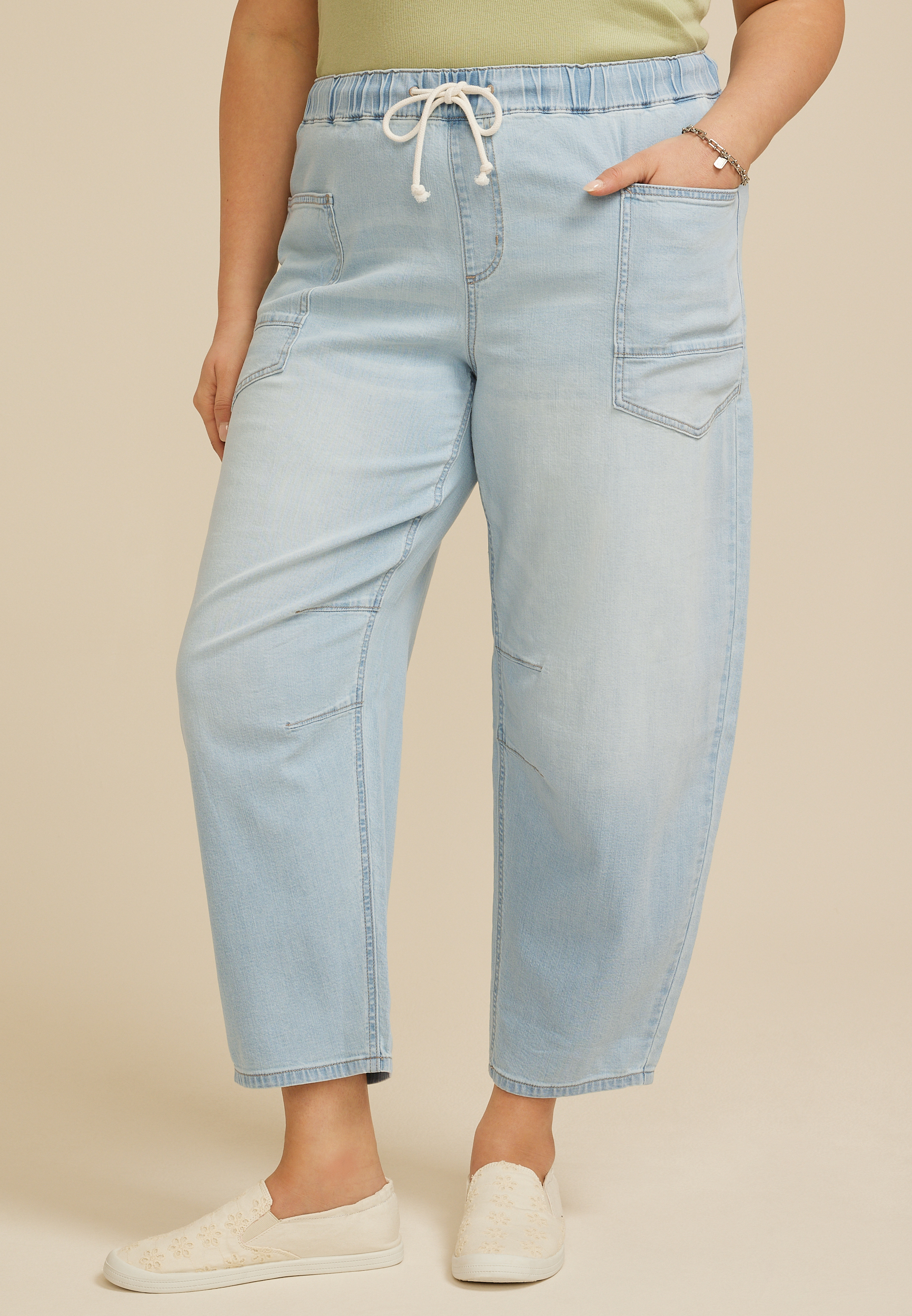 Plus Size Mid Rise Pull On Knit Barrel Jean