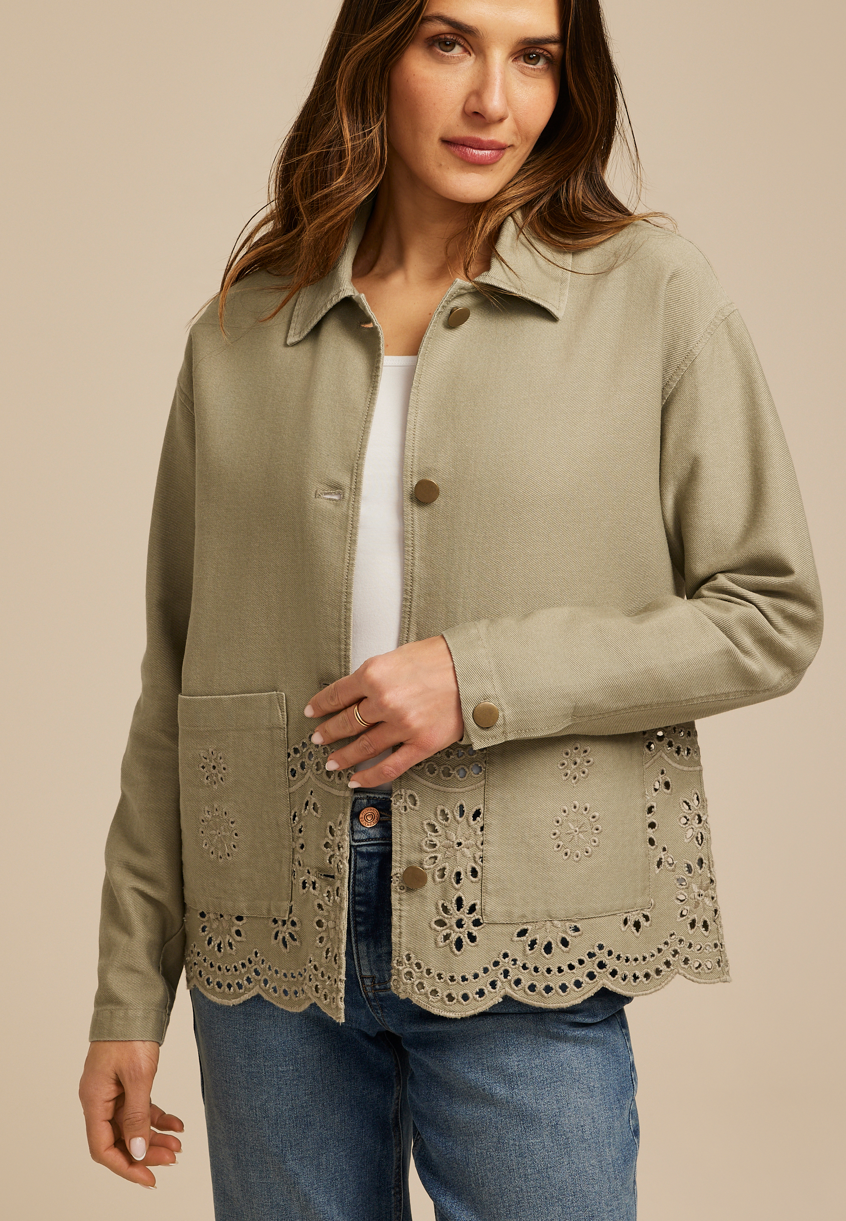 Eyelet Scallop Hem Twill Jacket