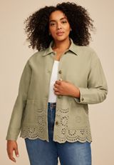 Plus Size Eyelet Scallop Hem Twill Jacket, C186, small