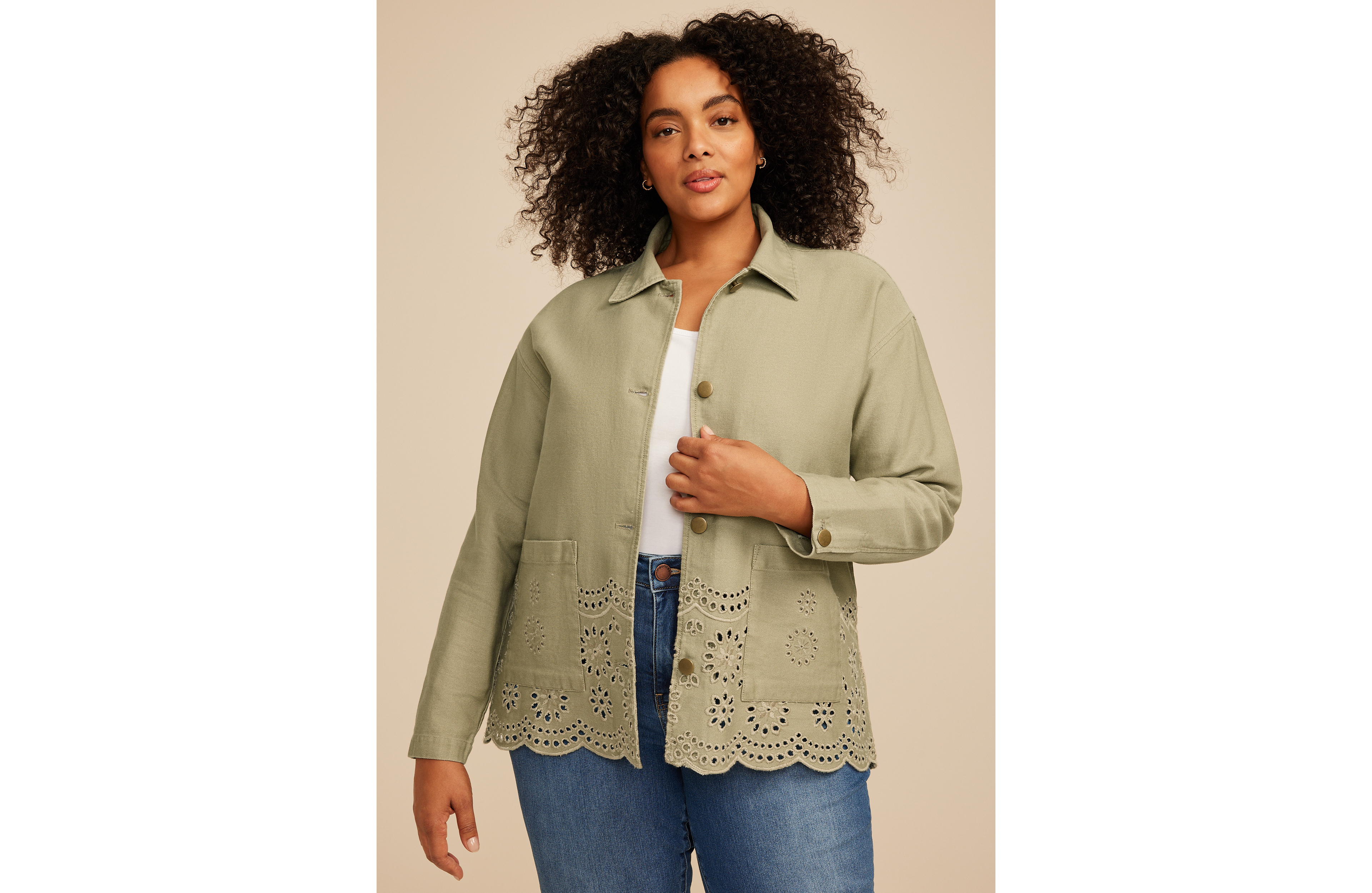 Plus Eyelet Scallop Hem Twill Jacket