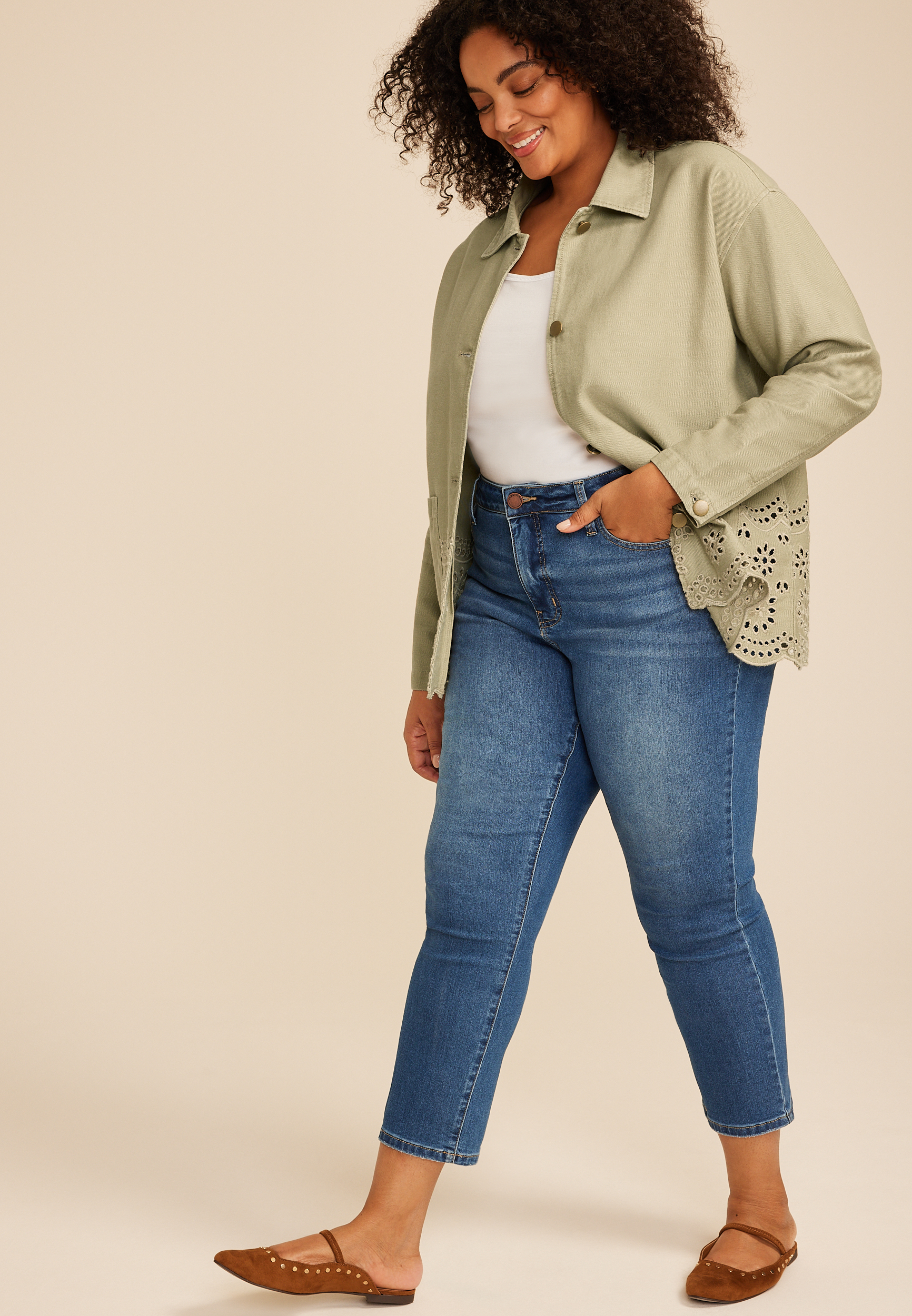 Plus Size Eyelet Scallop Hem Twill Jacket, C186, large