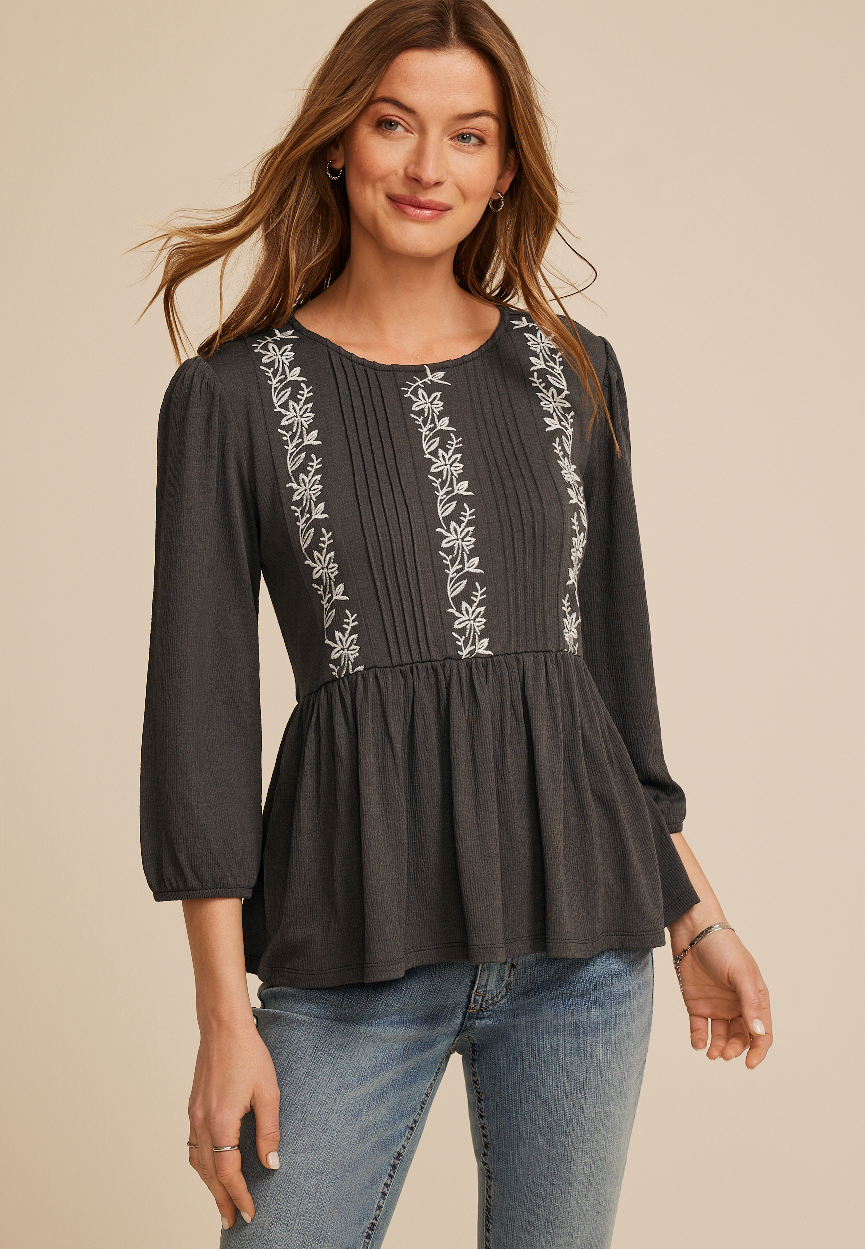 Embroidered Pintuck Peplum Blouse