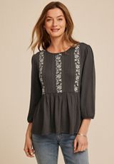 Embroidered Pintuck Peplum Blouse, C829, small