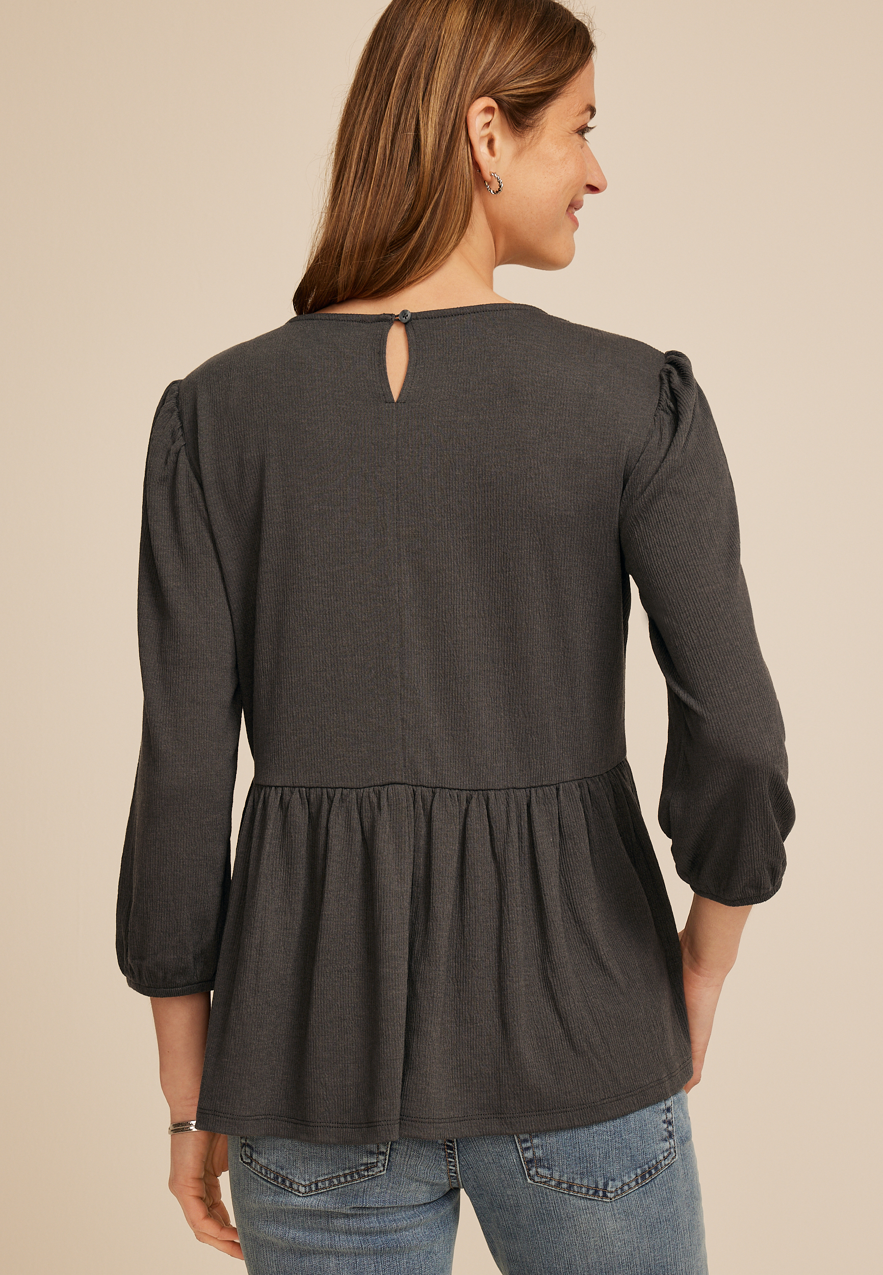 Embroidered Pintuck Peplum Blouse, C829, large