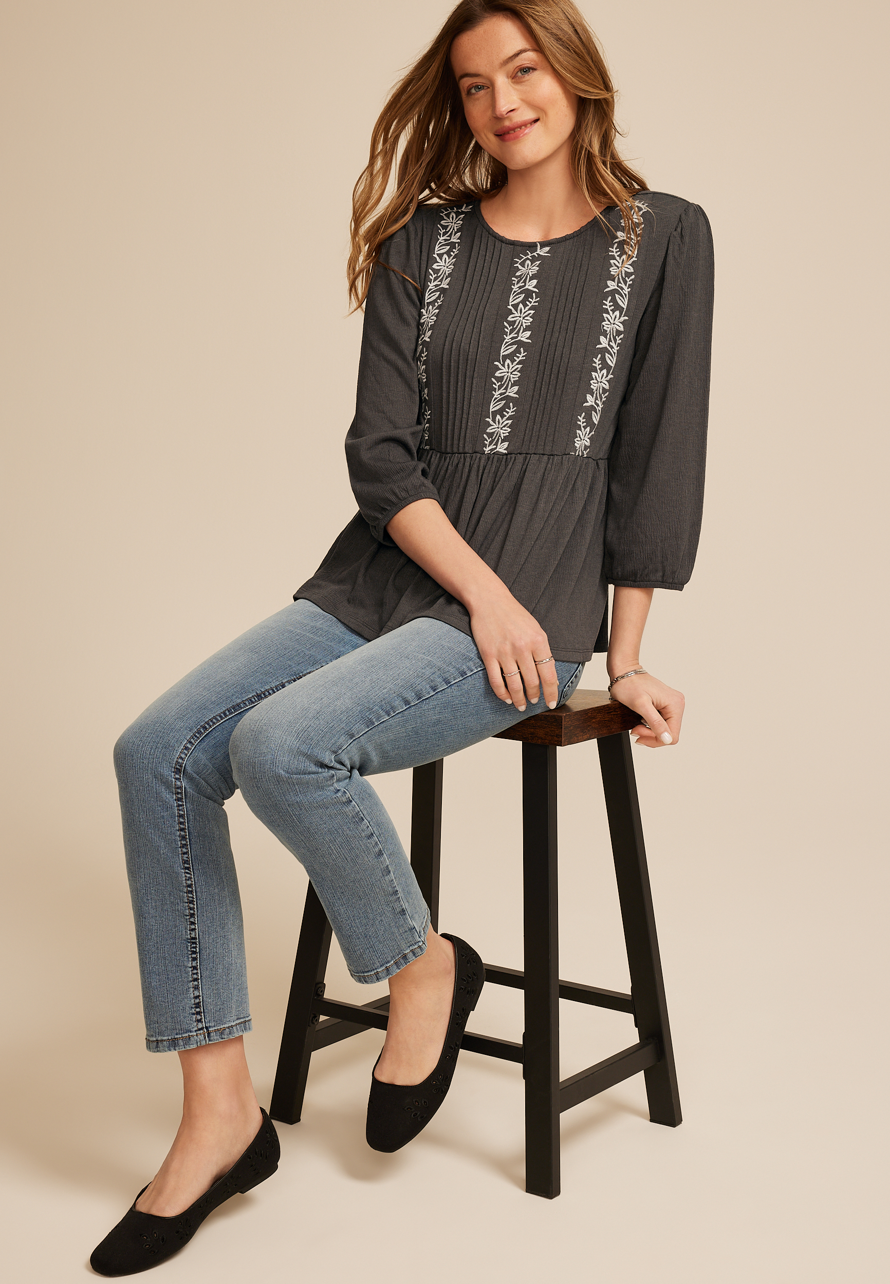 Embroidered Pintuck Peplum Blouse, C829, large