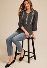 Embroidered Pintuck Peplum Blouse, C829, small