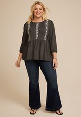 Plus Size Embroidered Pintuck Peplum Blouse, C829, small