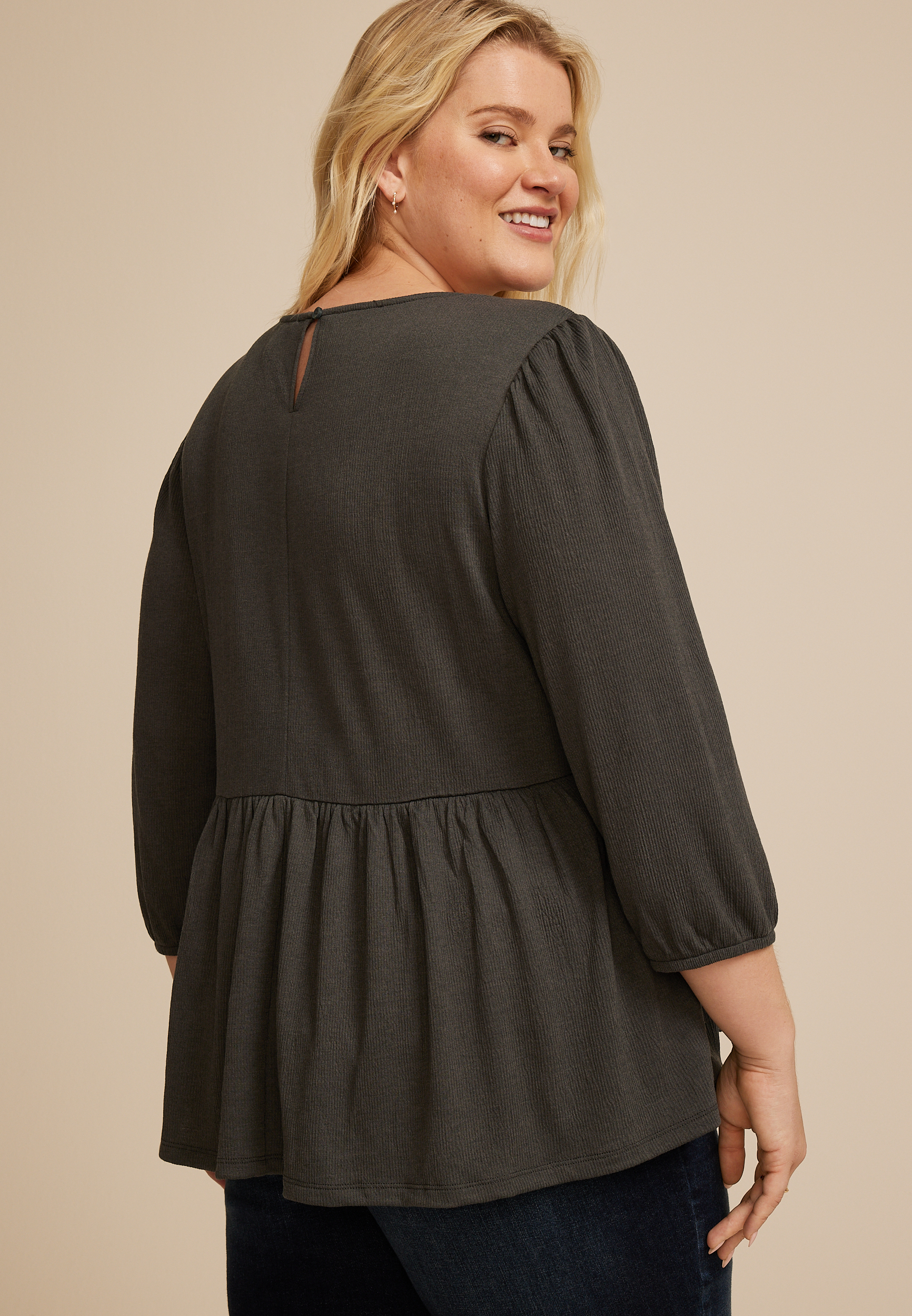Plus Size Embroidered Pintuck Peplum Blouse, C829, large