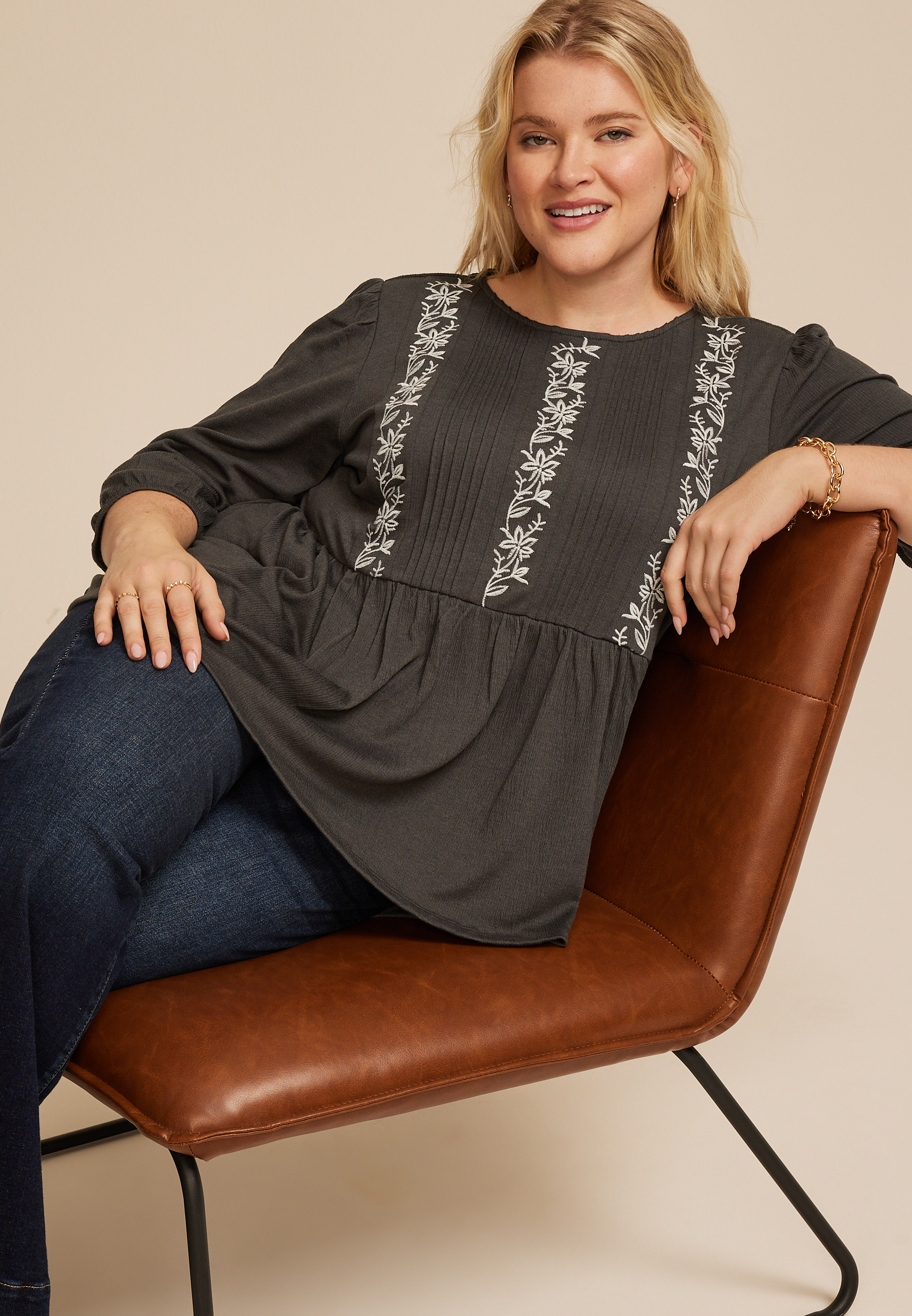 Plus Size Embroidered Pintuck Peplum Blouse, C829, large