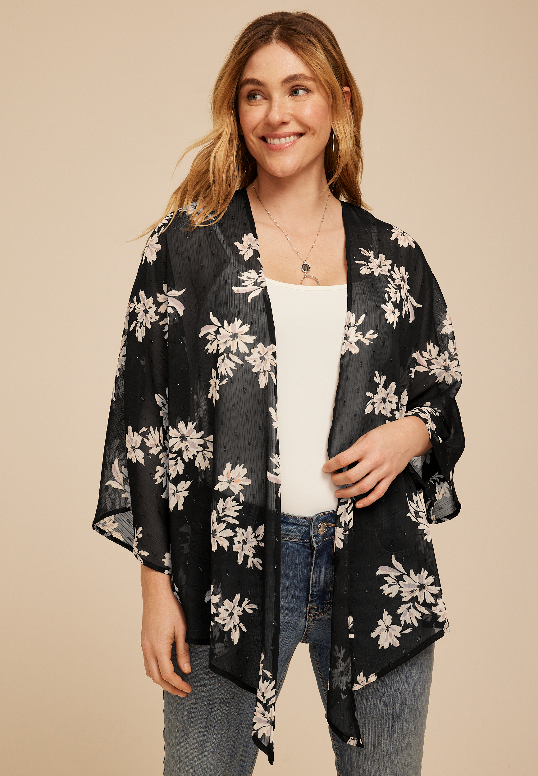 Black Floral Chiffon Kimono