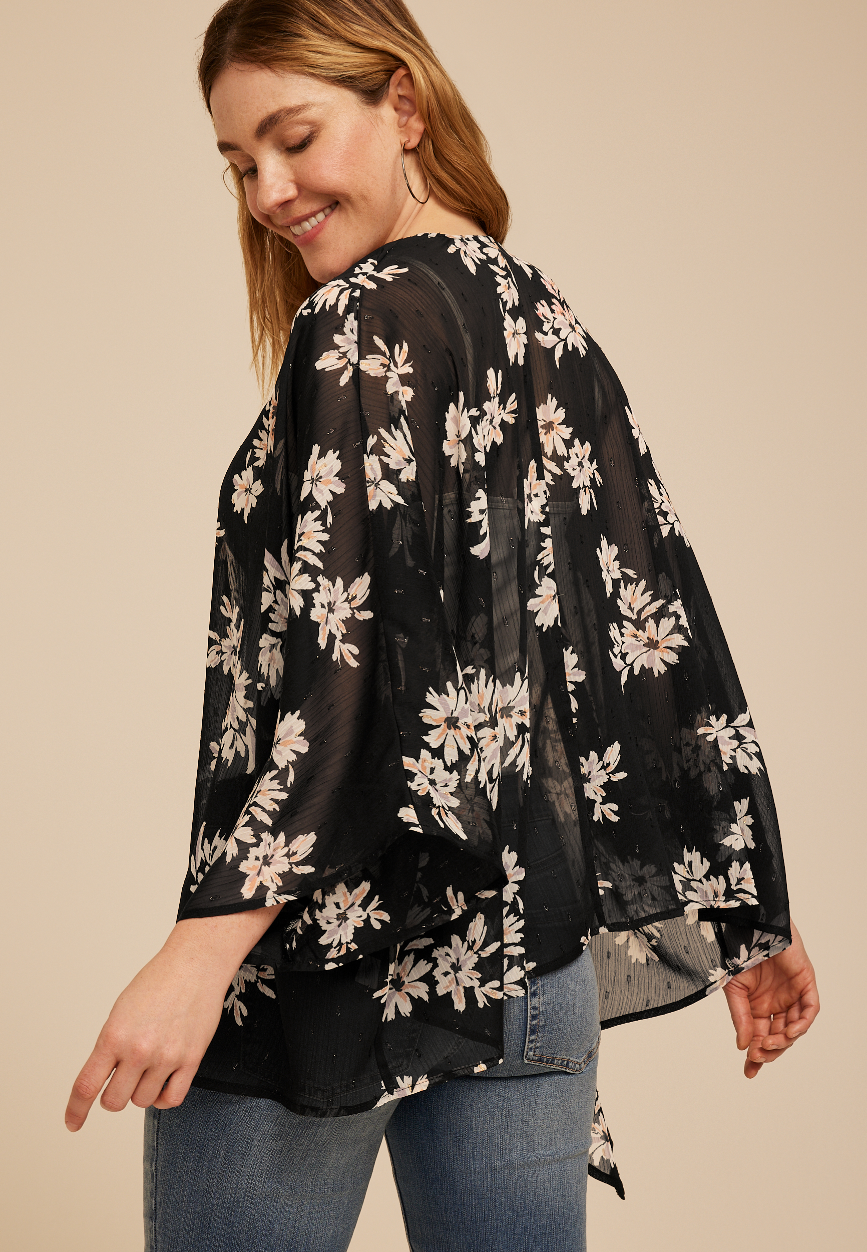 Floral Chiffon Tie Front Kimono, C1756, large