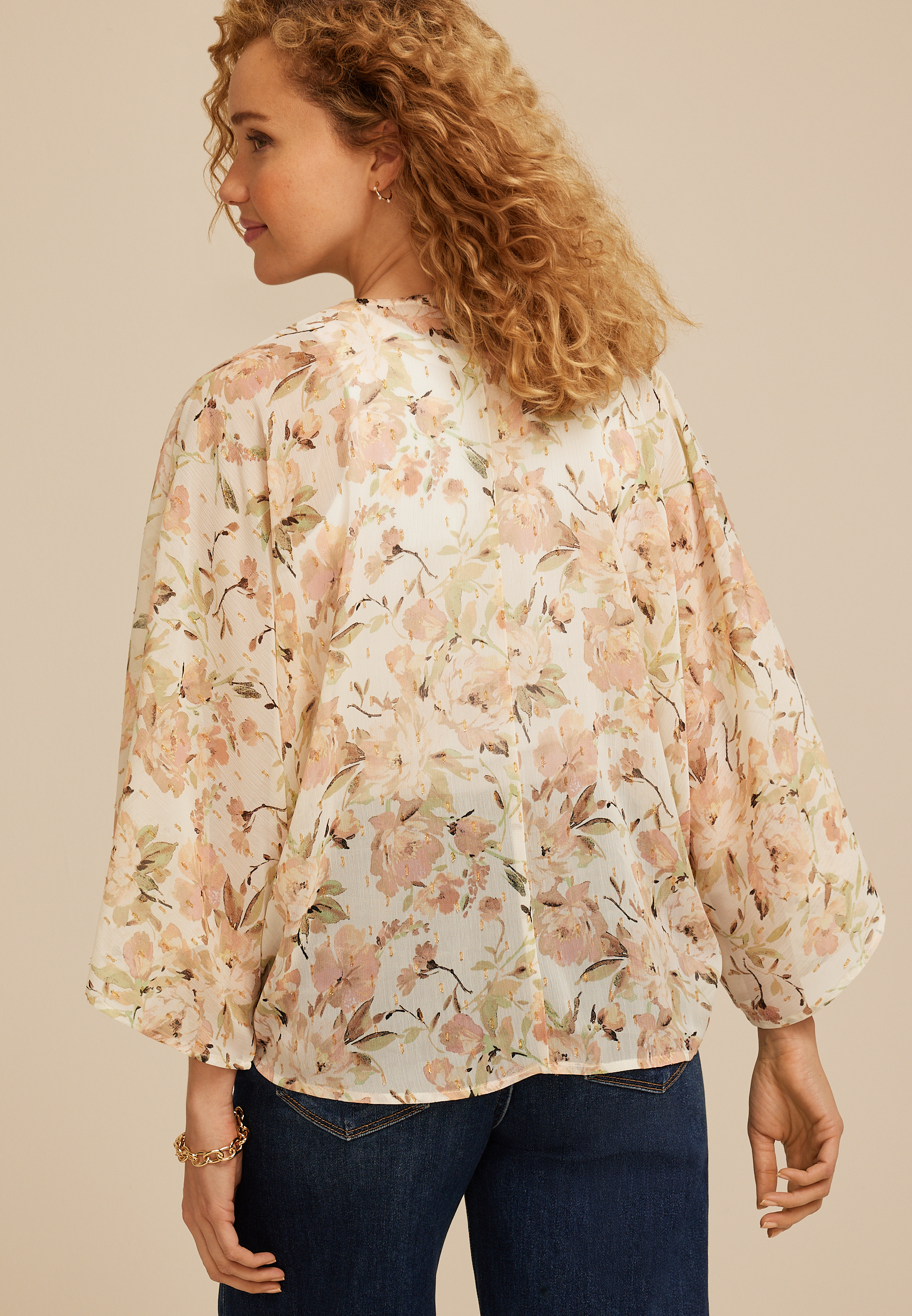 Floral Chiffon Tie Front Kimono, GARDENIA COMBO, large