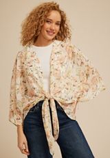Floral Chiffon Tie Front Kimono, GARDENIA COMBO, small