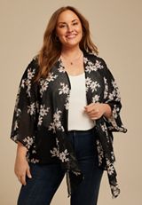 Plus Size Black Floral Chiffon Tie Front Kimono, C1756, small