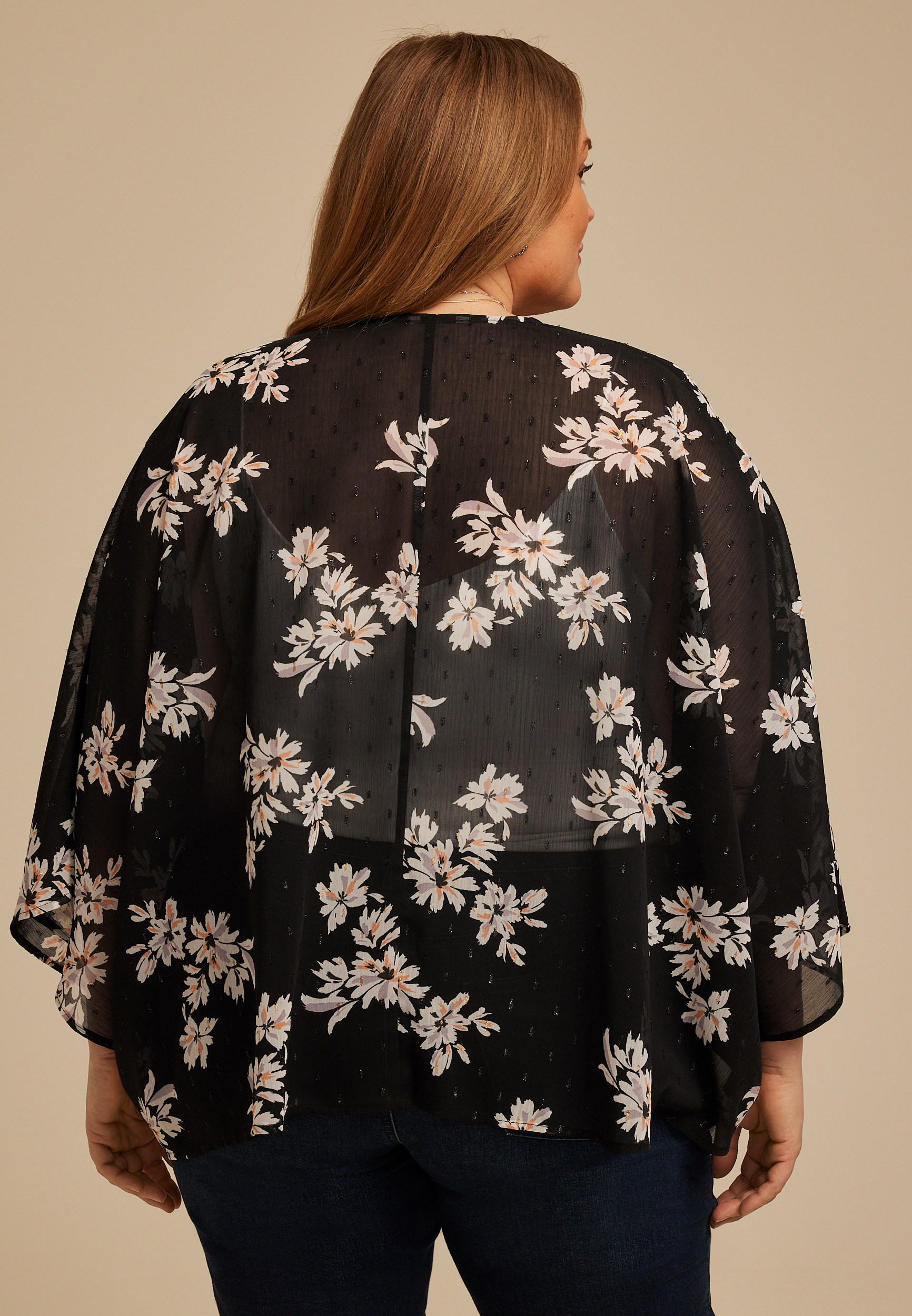 Plus Size Black Floral Chiffon Tie Front Kimono, C1756, large