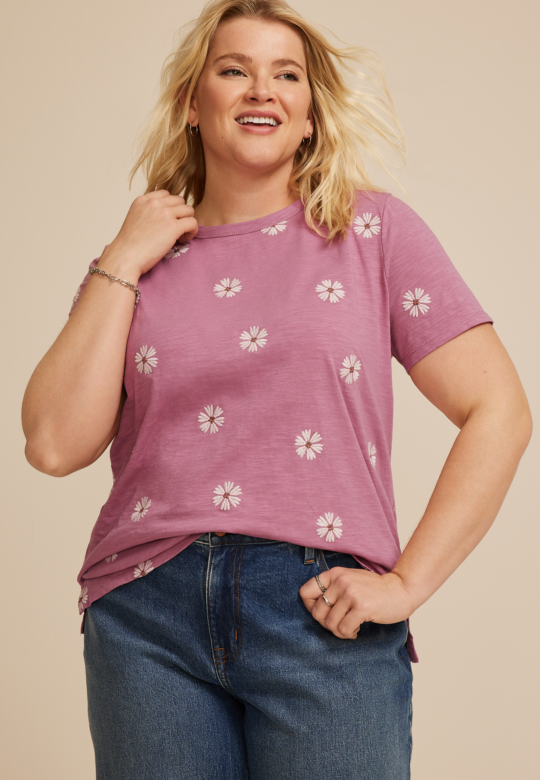 Plus Size 24/7 Dawson Floral Embroidered Crew Neck Tee