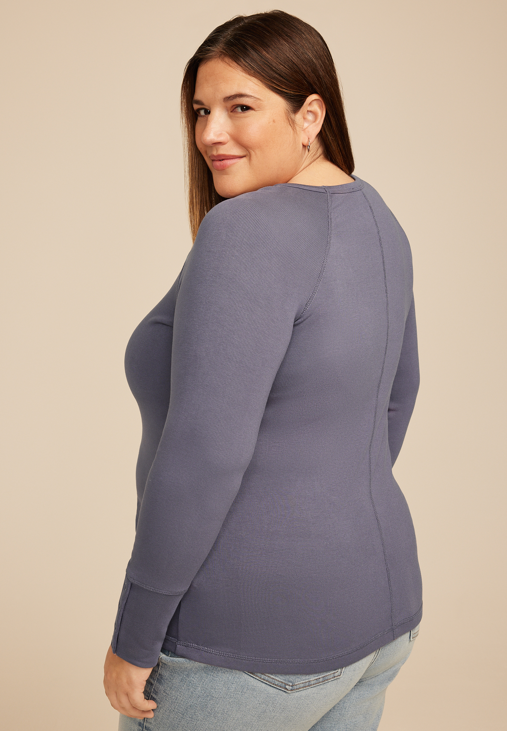 Plus Size Soft Essential Crew Neck Snap Cuff Top, SHADOW BLUE, large