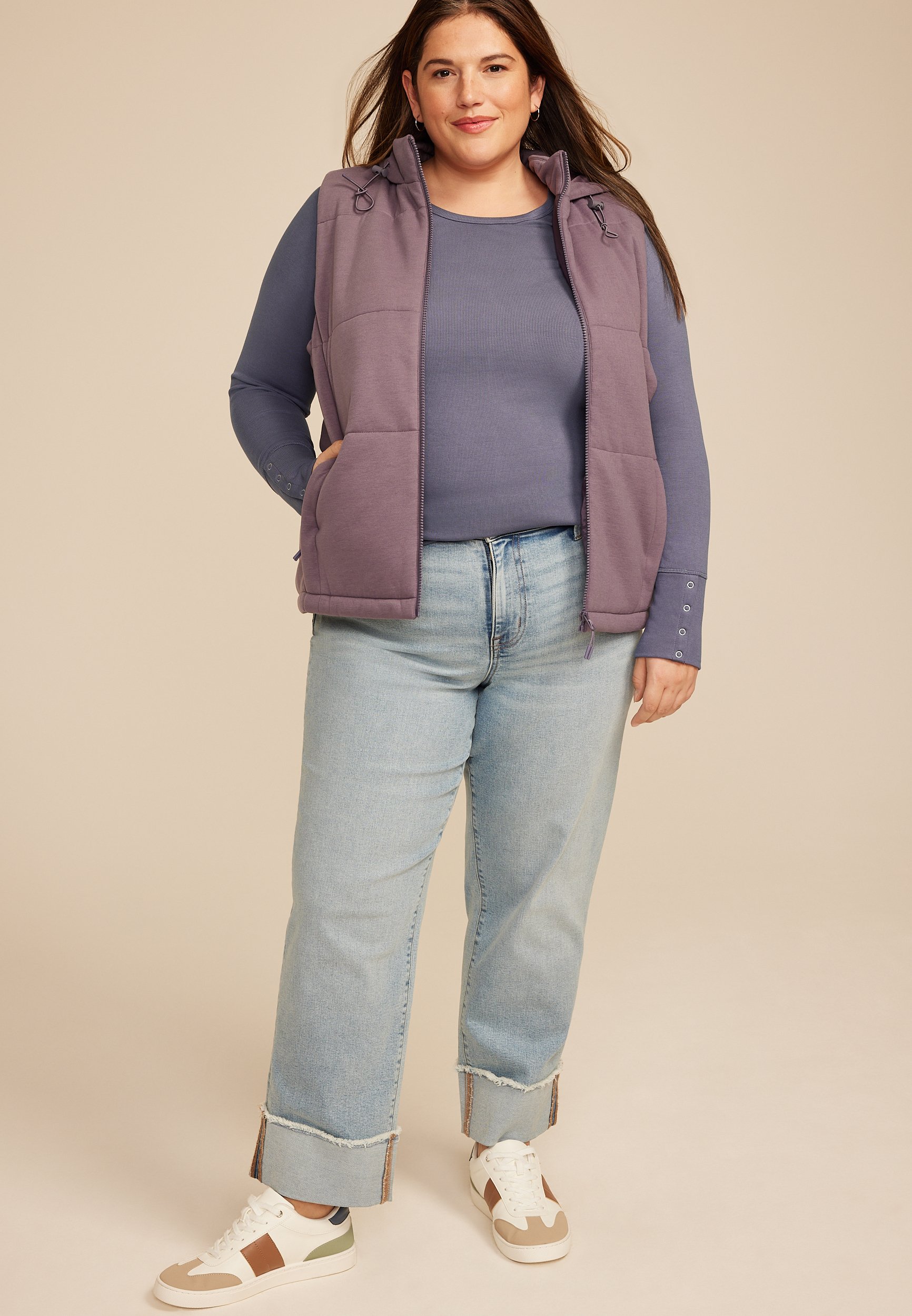 Plus Size Soft Essential Crew Neck Snap Cuff Top, SHADOW BLUE, large