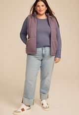 Plus Size Soft Essential Crew Neck Snap Cuff Top, SHADOW BLUE, small