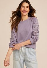 Eyelet Embellished Sleeve Relaxed Fit Sweatshirt, C2073, small