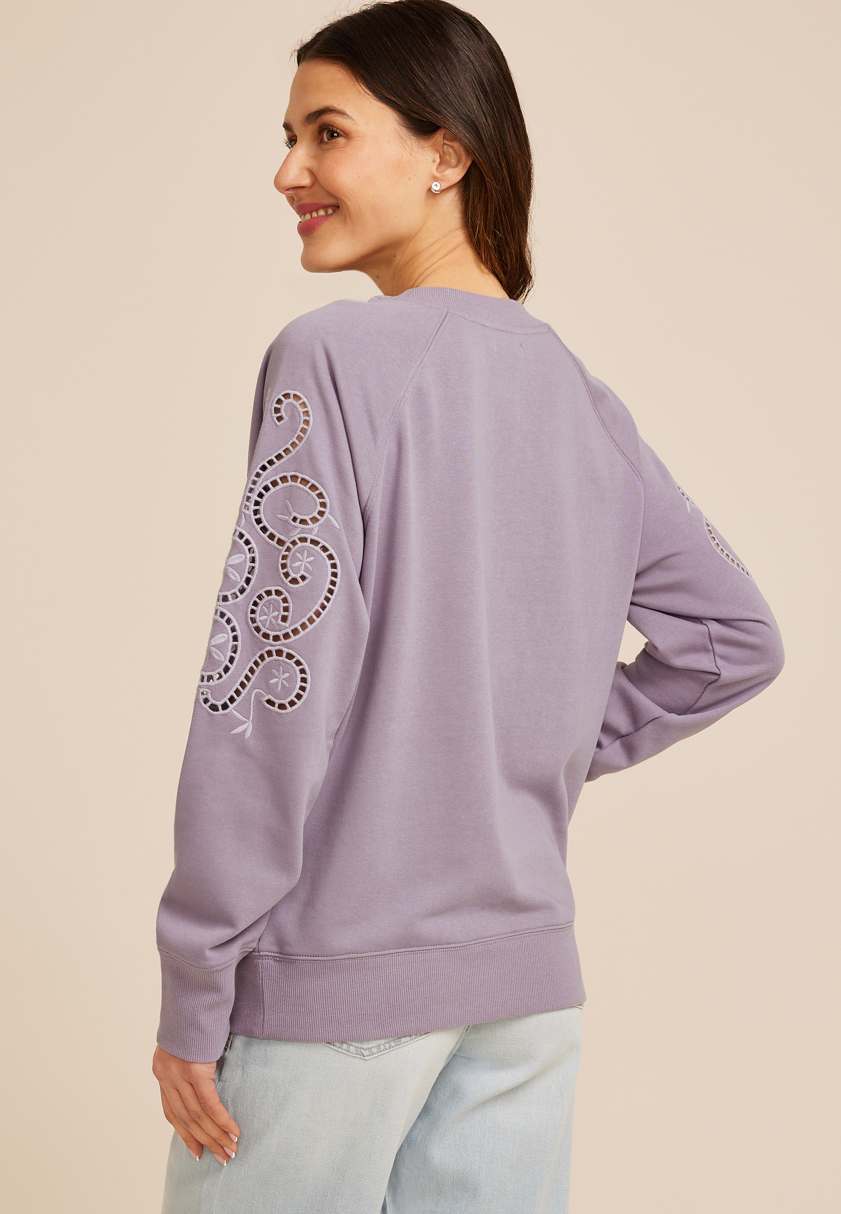 Eyelet Embellished Sleeve Relaxed Fit Sweatshirt, C2073, large