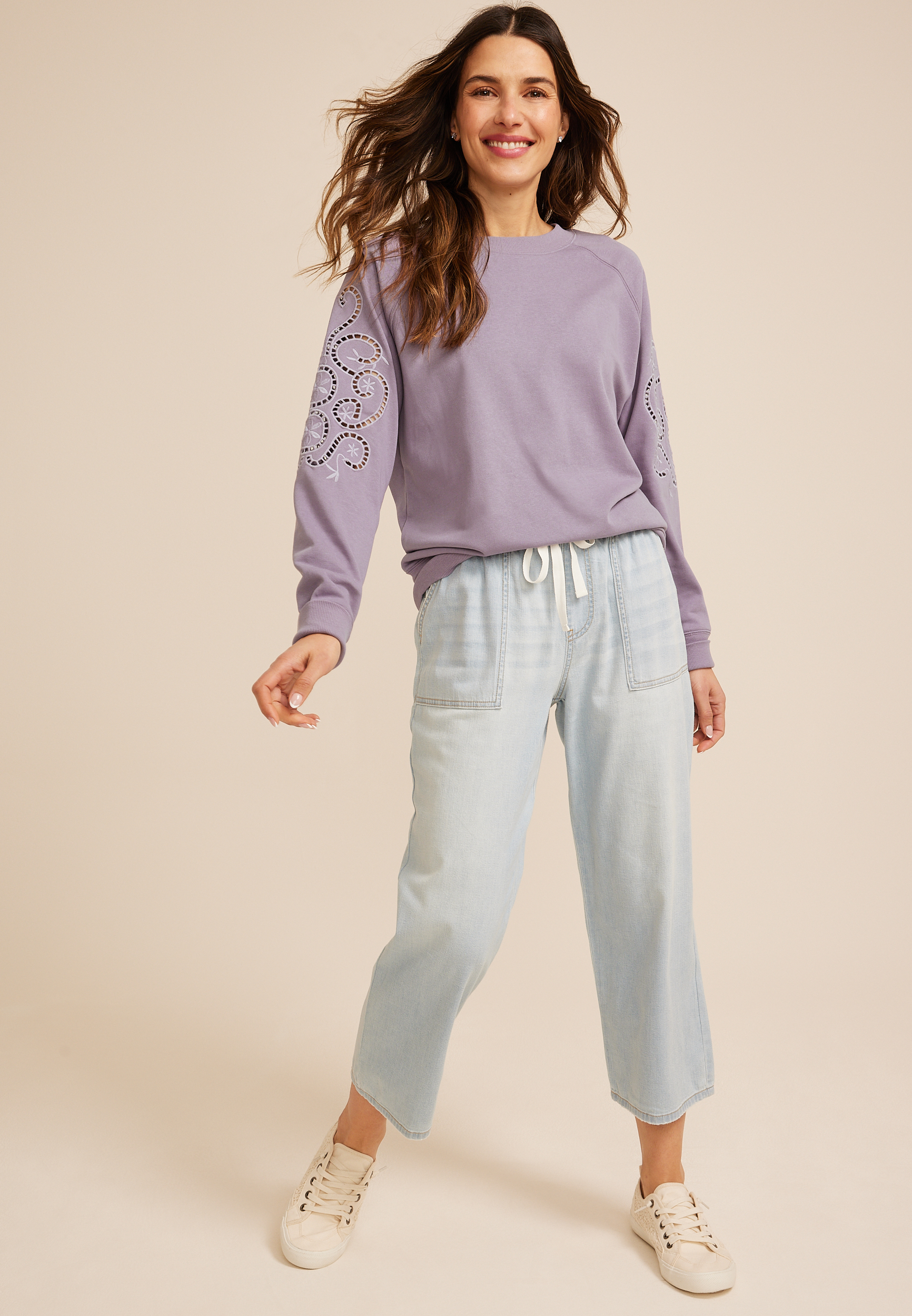 Eyelet Embellished Sleeve Relaxed Fit Sweatshirt, C2073, large