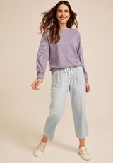 Eyelet Embellished Sleeve Relaxed Fit Sweatshirt, C2073, small