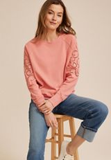 Eyelet Embellished Sleeve Relaxed Fit Sweatshirt, C4146, small