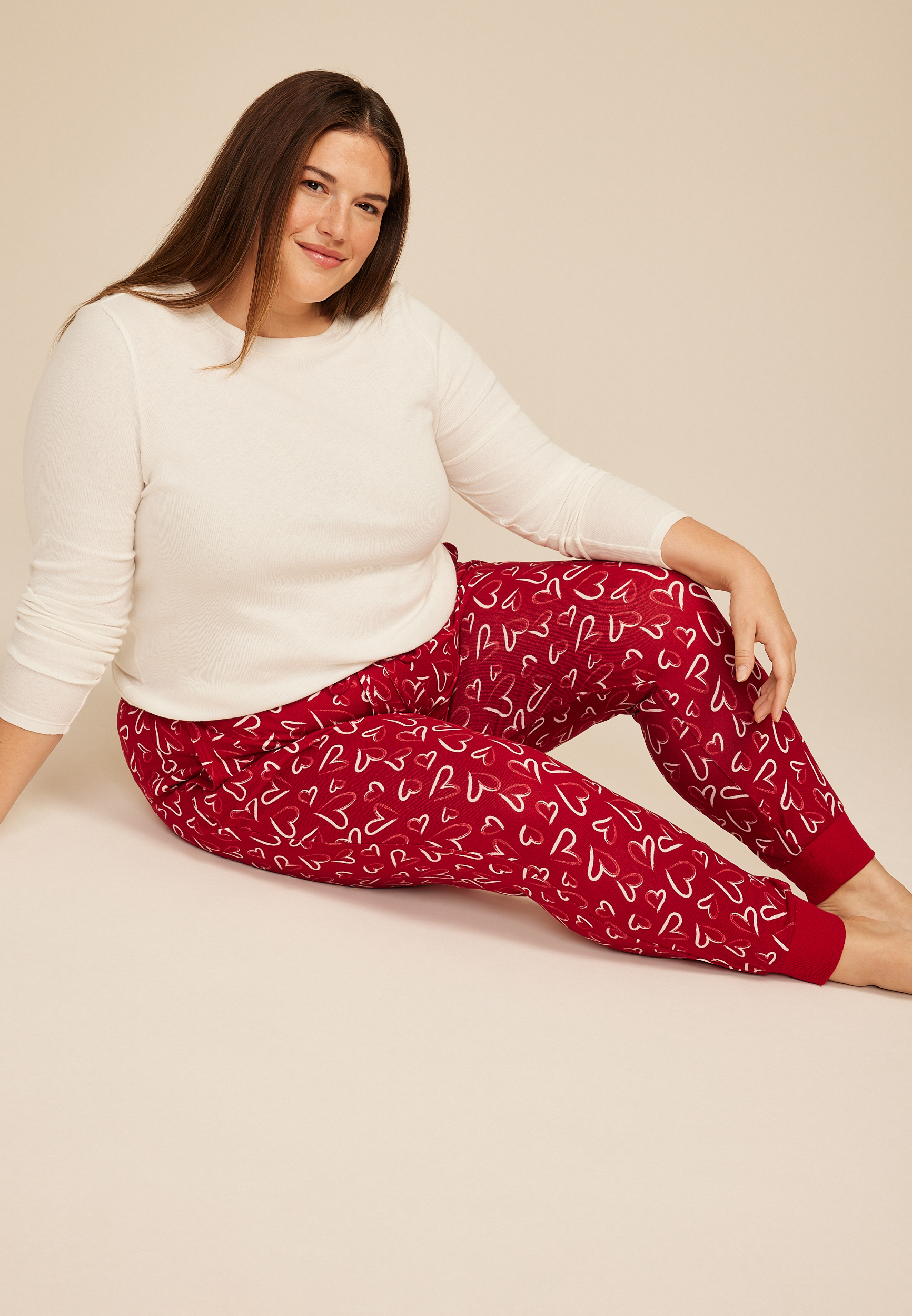 Plus Size Sketch Heart Print Jogger Pajama Pants, C2842, large