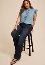 Plus Size Denim Ruffle Trim Top, DENIM, small