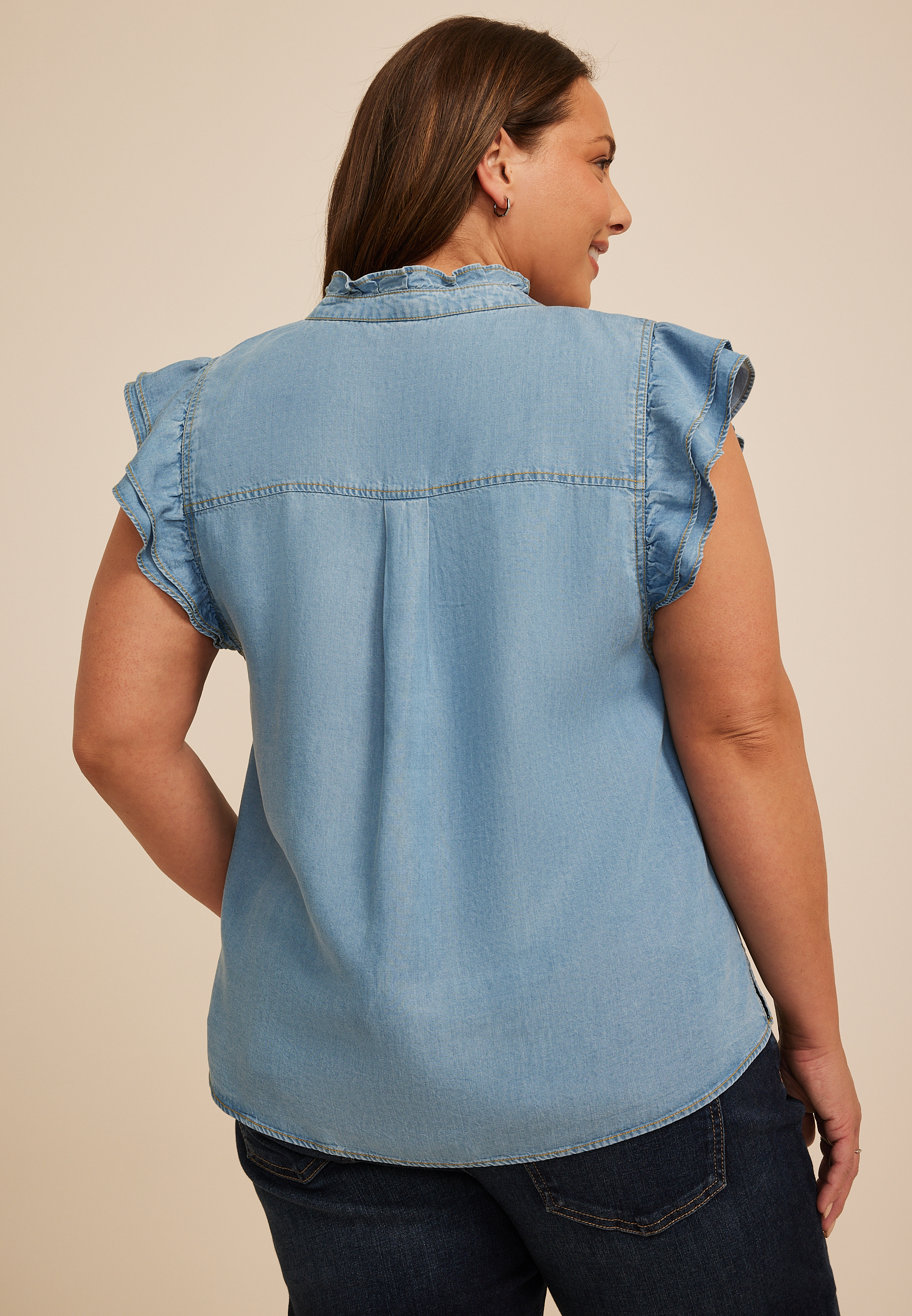 Plus Size Denim Ruffle Trim Top, DENIM, large