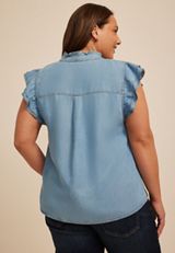 Plus Size Denim Ruffle Trim Top, DENIM, small