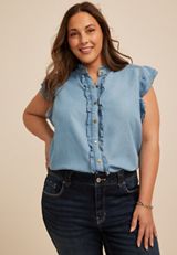 Plus Size Denim Ruffle Trim Top, DENIM, small