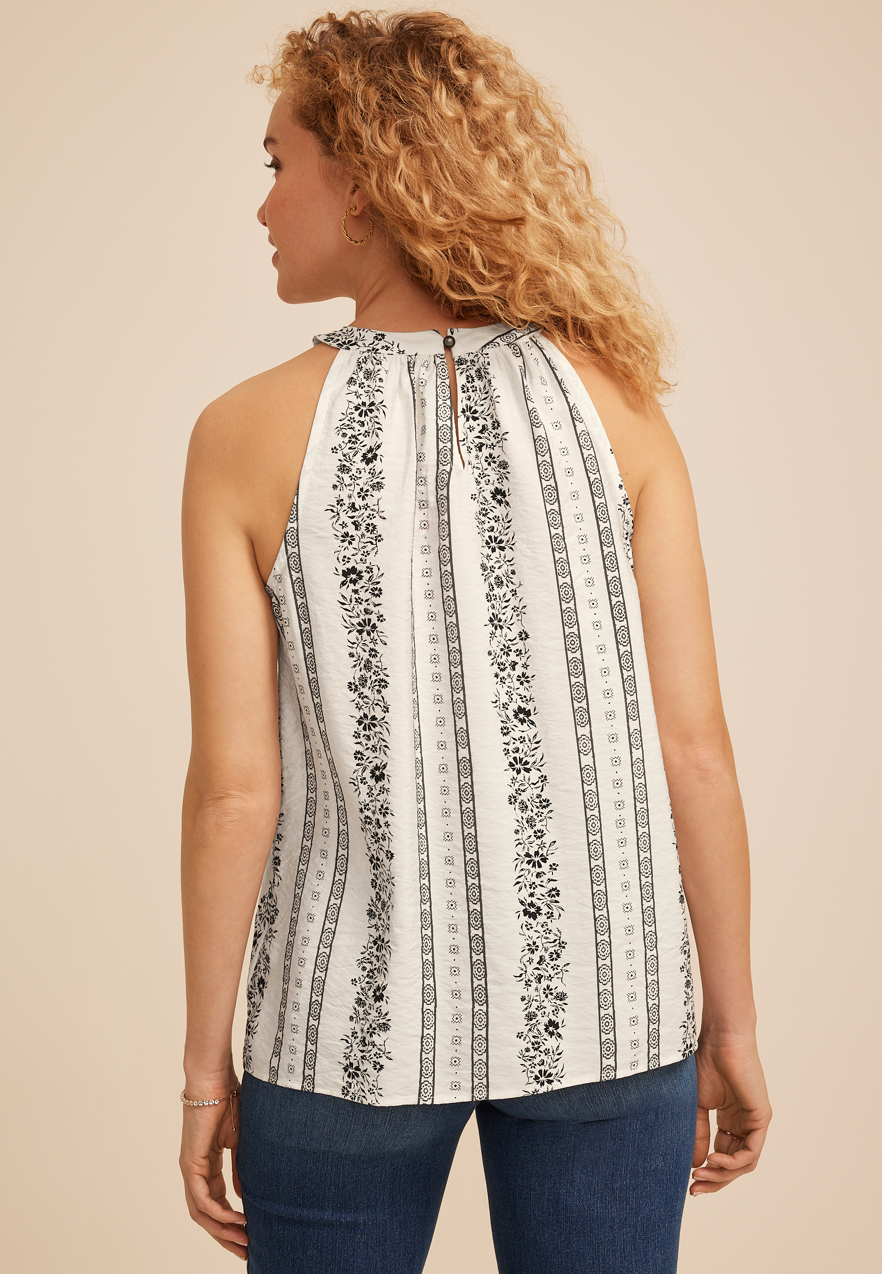 Floral Stripe Halter Neck Tank Top, C1756, large