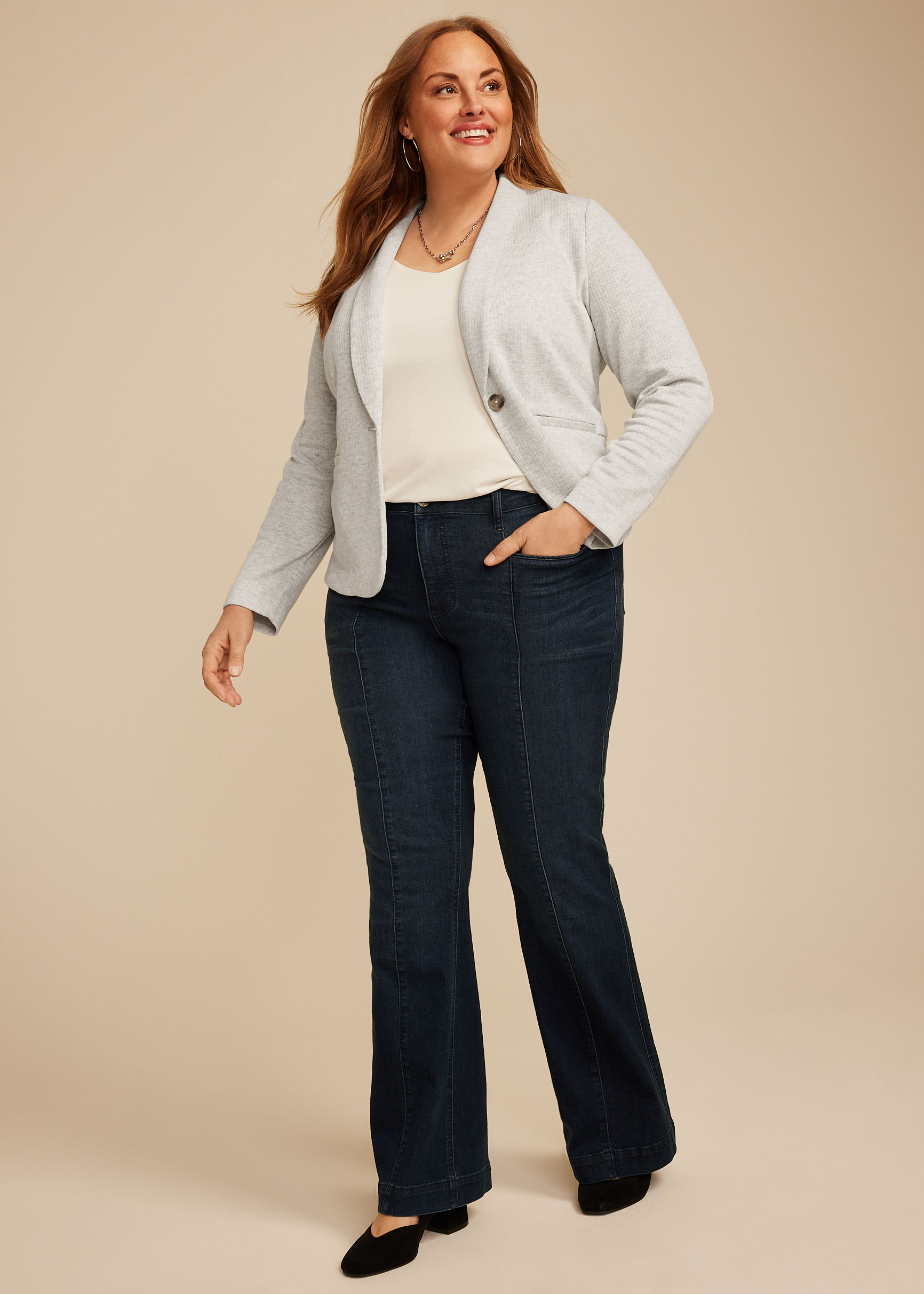 Plus Size Ribbed Knit Blazer, LIGHT HEATHER GRAY, large