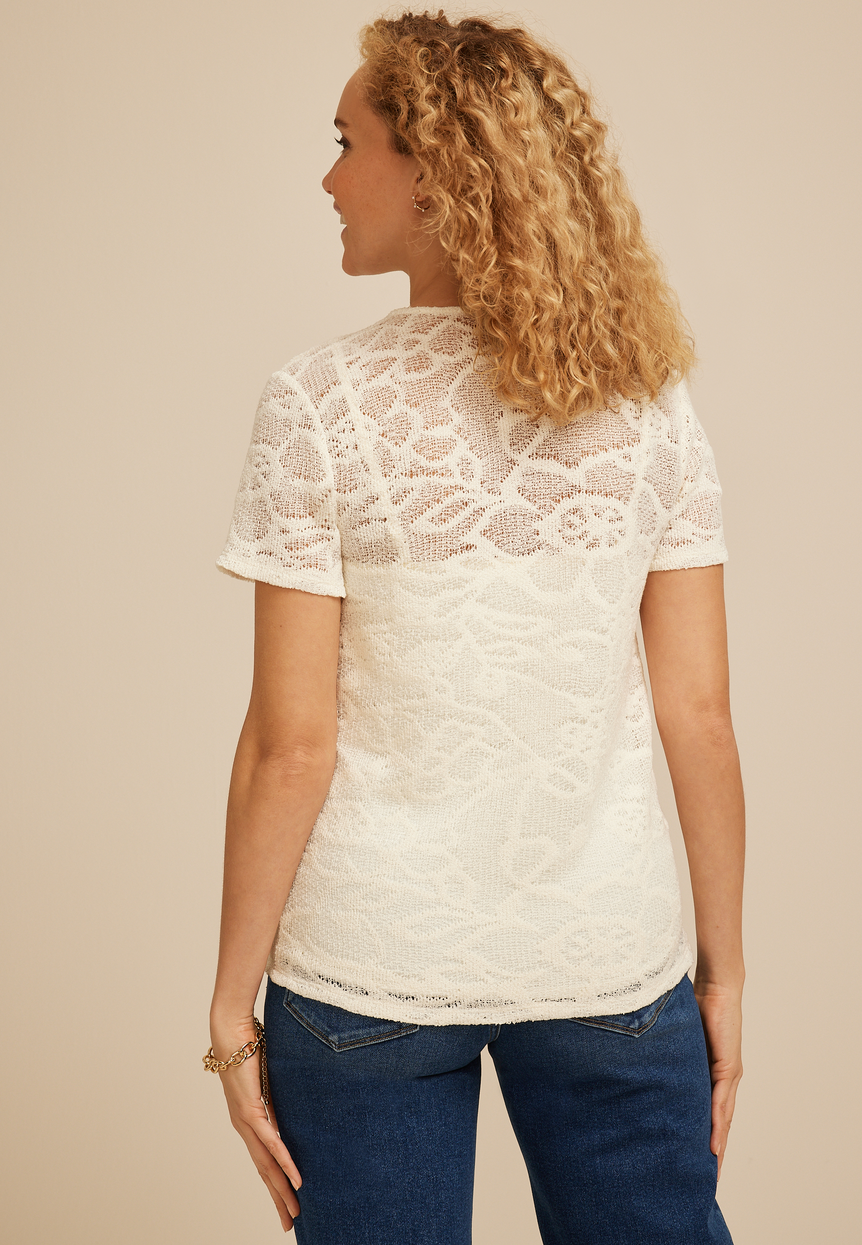 Textured Floral Short Sleeve Tee, C8232, large