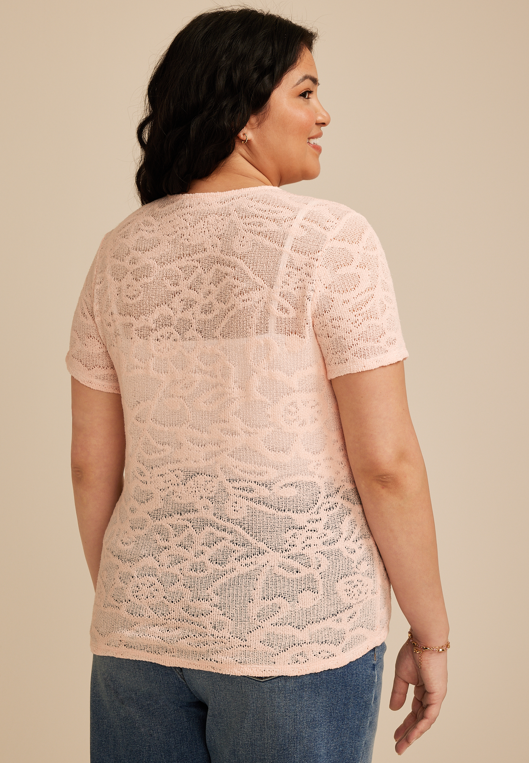 Plus Size Textured Floral Short Sleeve Tee, C595, large