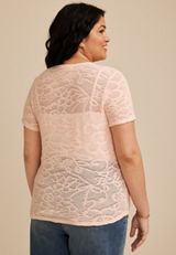 Plus Size Textured Floral Short Sleeve Tee, C595, small