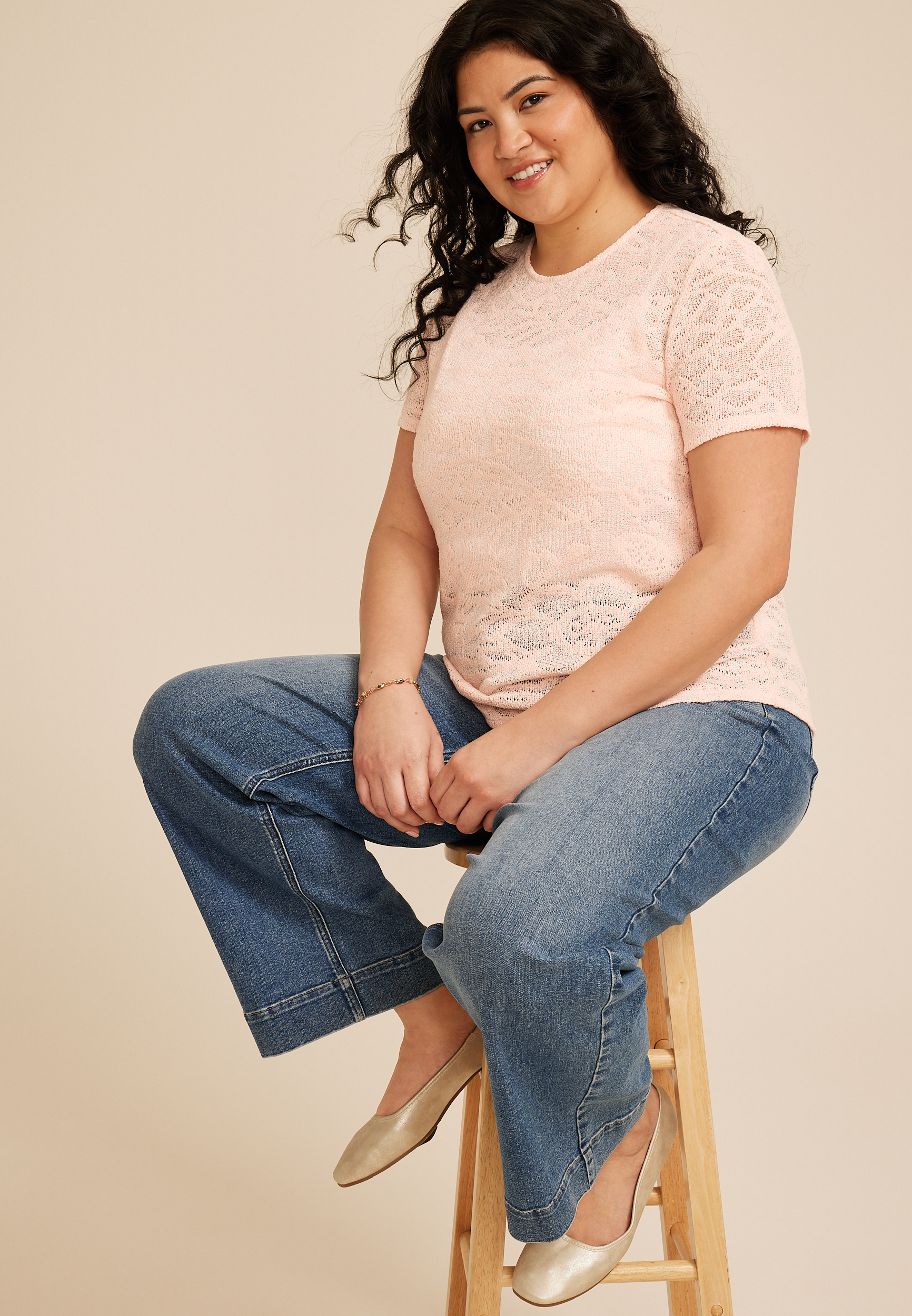 Plus Size Textured Floral Short Sleeve Tee, C595, large