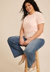 Plus Size Textured Floral Short Sleeve Tee, C595, small
