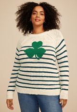 Plus Size Shamrock Striped Sweater, GARDENIA COMBO, small