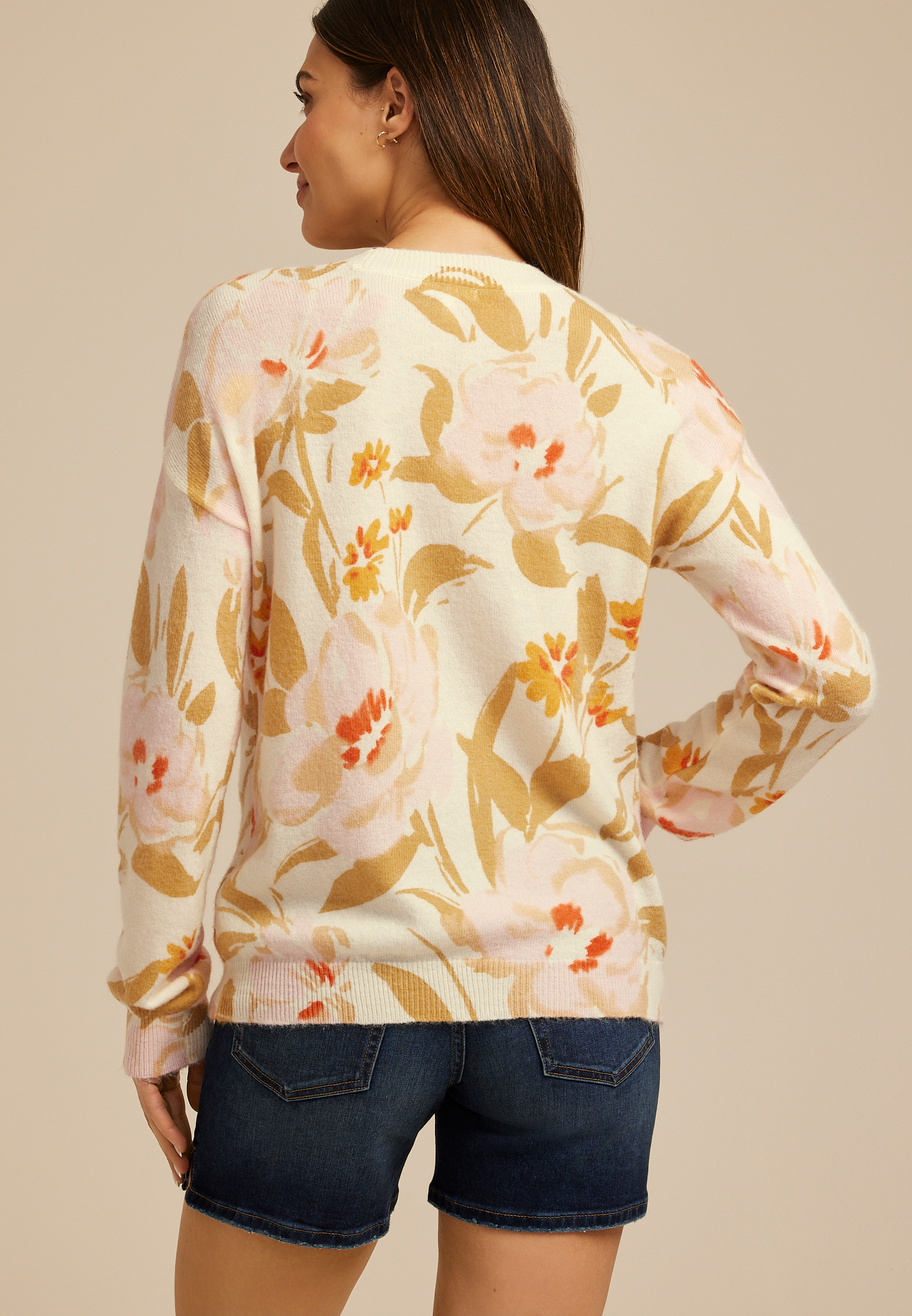 Floral Crew Neck Sweater, PINK COMBO, large