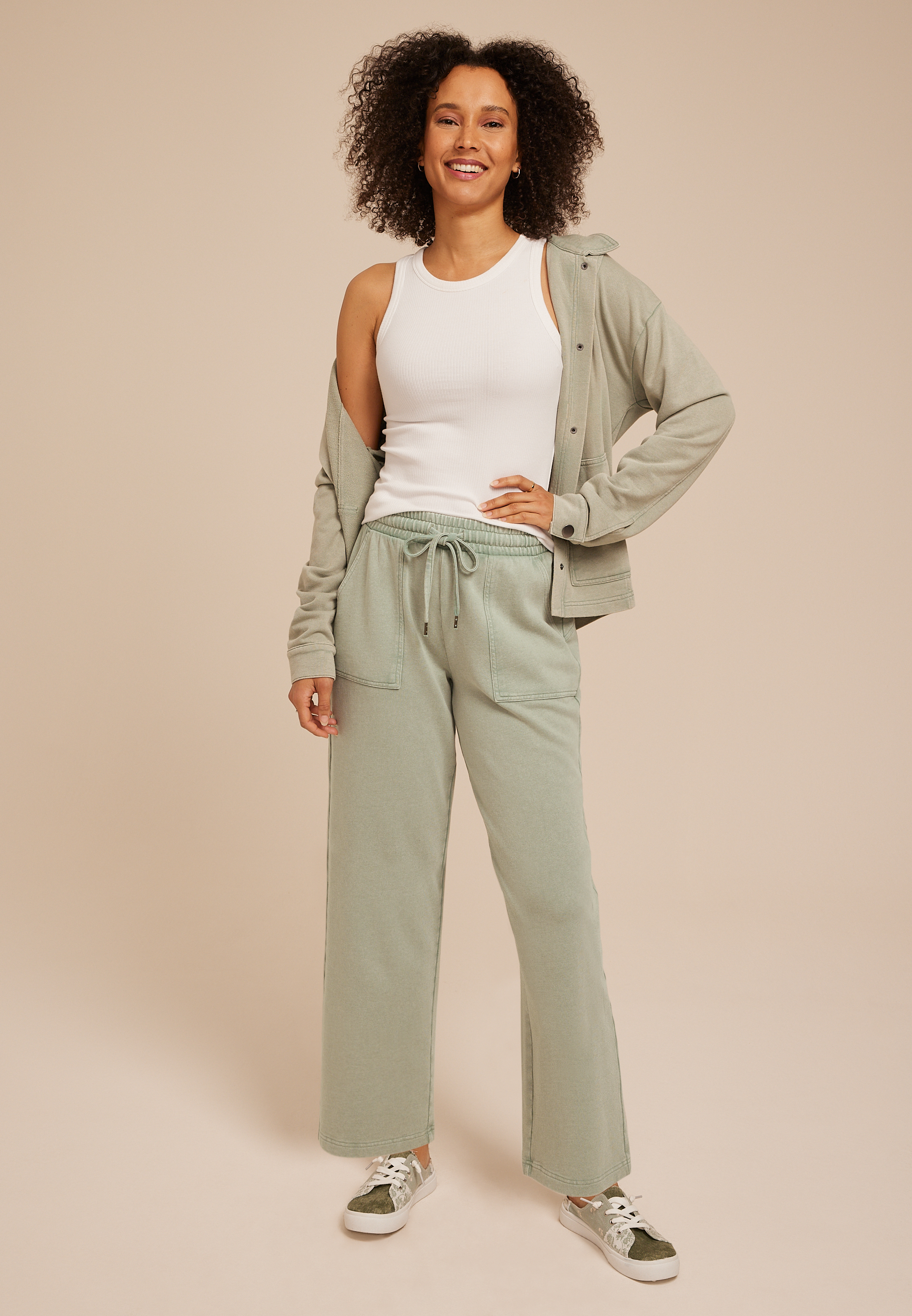 Washed Knit High Rise Wide Leg Cropped Pant