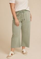 Plus Size Washed Terry High Rise Wide Leg Cropped Pant, GREEN BAY, small