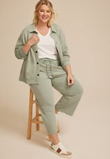 Plus Size Washed Terry High Rise Wide Leg Cropped Pant, GREEN BAY, small