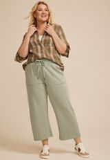 Plus Size Washed Terry High Rise Wide Leg Cropped Pant, GREEN BAY, small