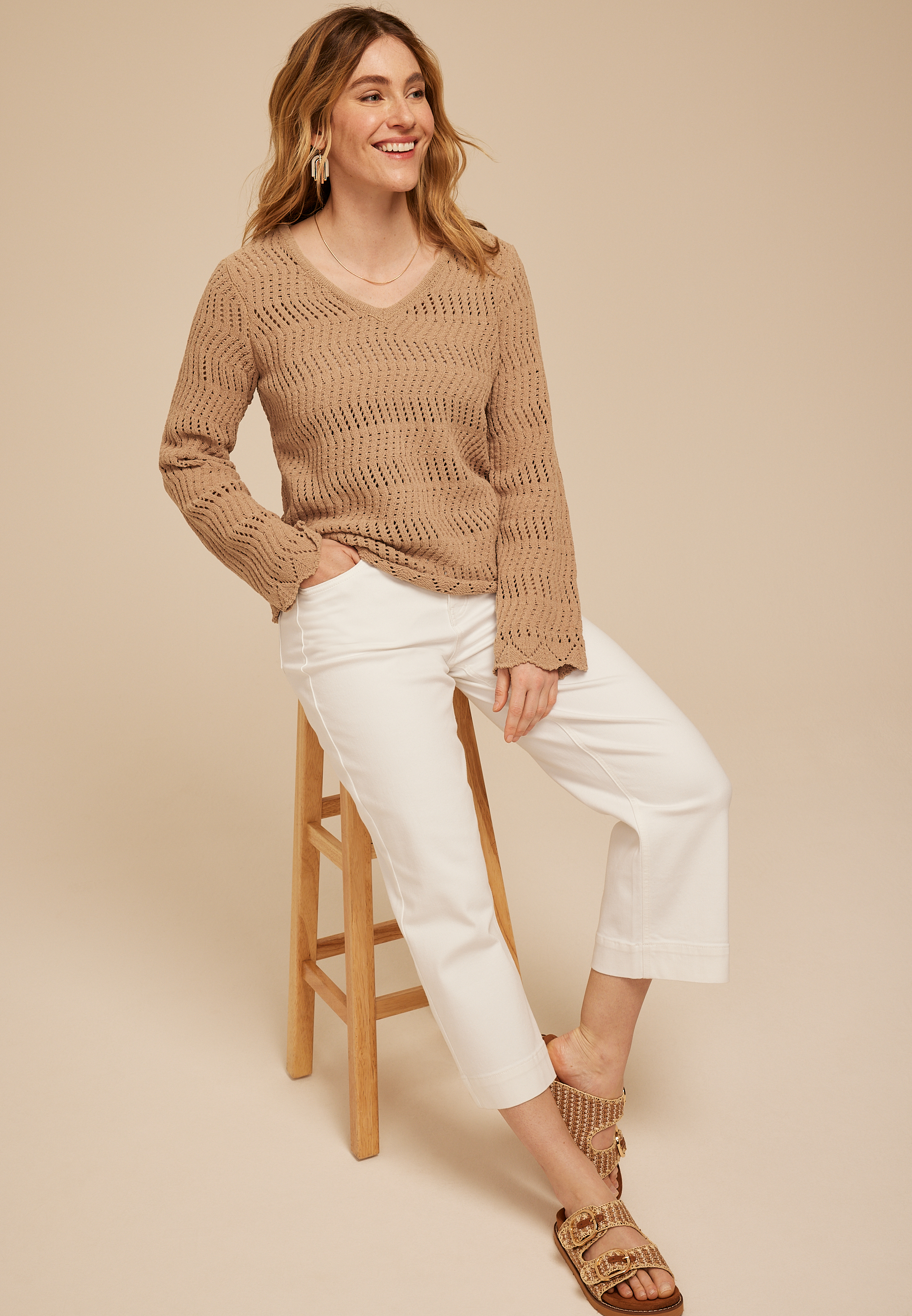 Chenille Pointelle V Neck Sweater, C4399, large