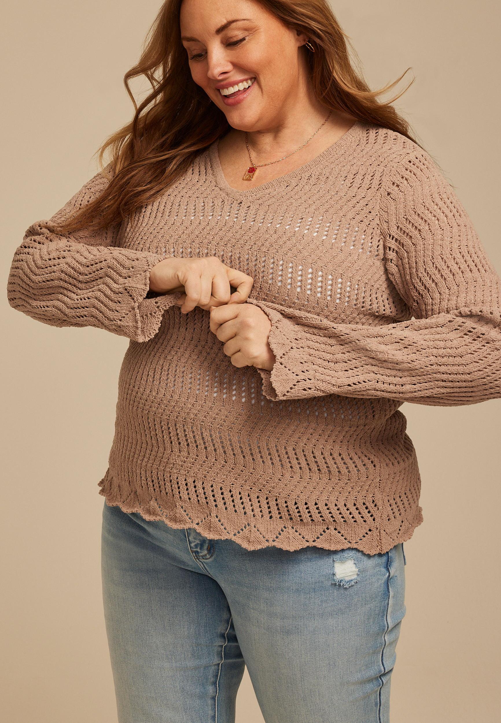 Plus Size Chenille Pointelle V Neck Sweater