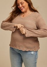 Plus Size Chenille Pointelle V Neck Sweater, C4399, small