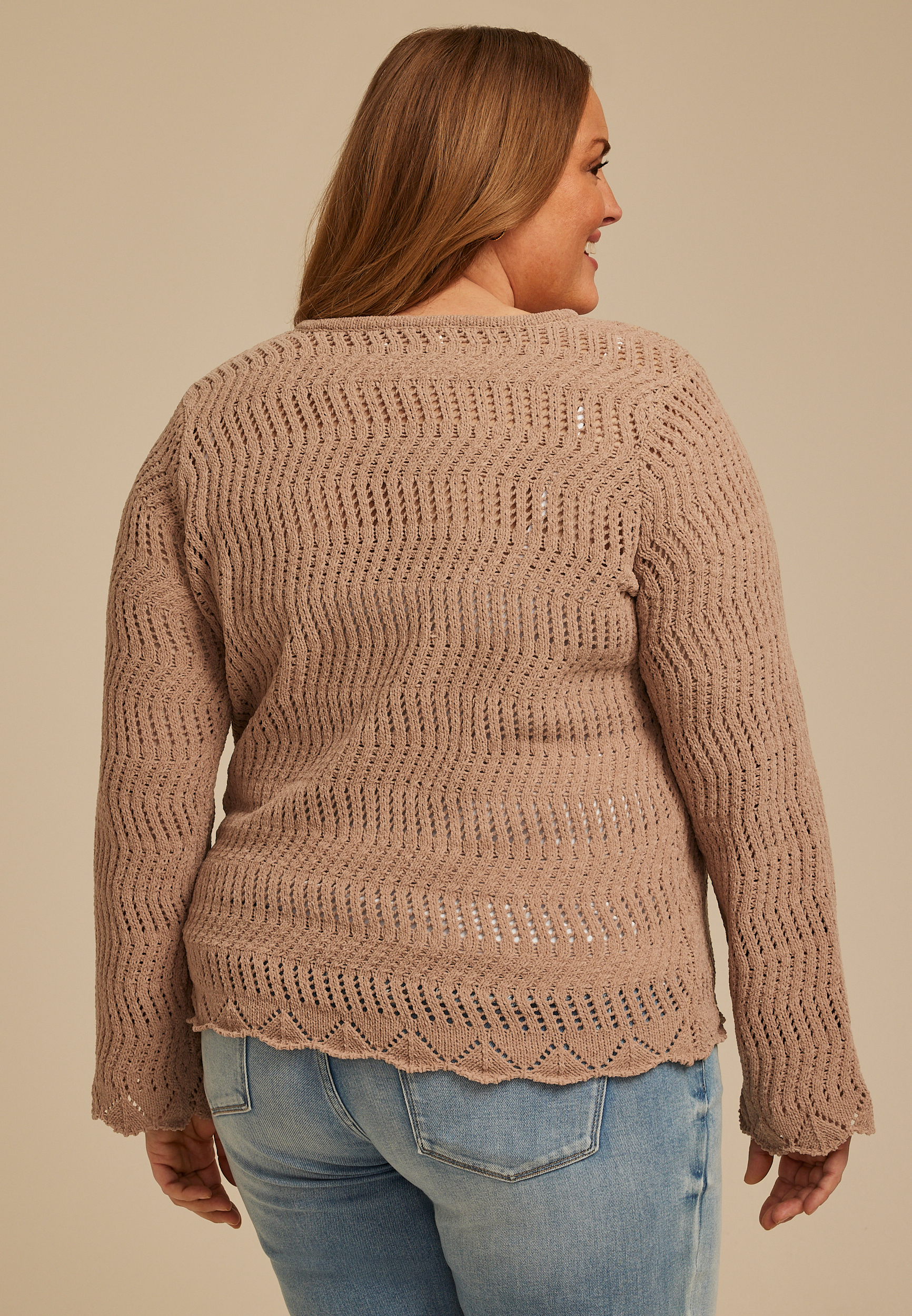Plus Size Chenille Pointelle V Neck Sweater, C4399, large
